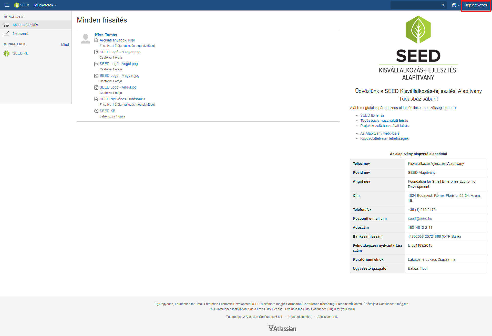 Tudásbázis kezdőoldala a belépés gombbal