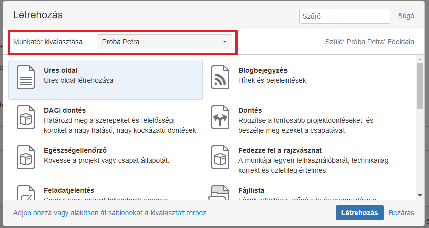 Munkatér kiválasztása új oldal esetén