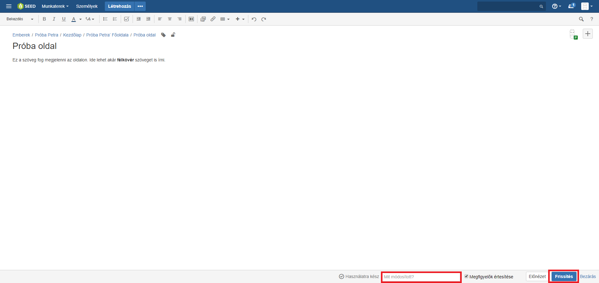 Oldal szerkesztése, változások összefoglalása, frissítés gomb